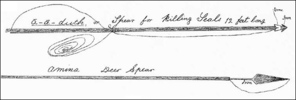 Original title:  Shanawdithit's Sketch of Beothuk Spears, ca. 1823-29. Drawing by Shanawdithit. Courtesy of Library and Archives Canada (C-028544), Ottawa, Ontario.