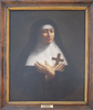 Original title:  Tableau peint. Portrait de mère St-Joseph. Religieuse : robe et voile noir. Guimpe et bandeau blanc. Mains croisées sur son cœur. Tient une croix de bois.