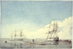 Original title:  Les navires de la Compagnie de la Baie d'Hudson, le Prince-of- Wales et l'Eddyston, troquent avec les Esquimaux près des îles Upper Savage, dans le détroit d'Hudson, dans les Territoires du Nord-Ouest. 