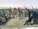 Titre original&nbsp;:  The Surrender of Poundmaker to Major-General Middleton at Battleford, Saskatchewan, on May 26, 1885 / Poundmaker rendant les armes au major-général Middleton à Battleford, Saskatchewan, le 26 mai 1885. 