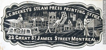 Original title:  Engraving Commercial crest of J. C. Becket's Steam Press Printing Office John Henry Walker (1831-1899) 1850-1885, 19th century Ink on paper on supporting paper - Wood engraving 5.1 x 10.7 cm Gift of Mr. David Ross McCord M930.50.7.214 © McCord Museum Keywords:  commercial (1771) , Print (10661) , Sign and symbol (2669)