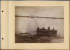 Original title:  Mrs. Molson and their personnel in a boat during the trip to Mingan Islands and Halifax. Yacht S.Y. NOOYA in background. 