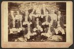 Titre original&nbsp;:    Description Photograph shows a team portrait of the St. Louis Browns baseball team in 1888, with players seated, each wearing a striped coat over their baseball uniform; includes a young boy, the "Browns Mascot", seated in the back row between two players, and two dogs in the foreground. Each player is numbered, which corresponds to a numbered identification key printed on the card mount below the photograph. Caption continues: Champions of Am. Association four successive years, 1885, '86, '87, '88. World Champions, 1886, 1887. Players include: Jack Boyle, Bill White, Nat Hudson, Jim Devlin, Icebox Chamberlain, Yank Robinson, Arlie Latham, Captain Charlie Comiskey, Tommy McCarthy, Tip O'Neill, Harry Lyons, Jocko Milligan, Silver King, Tom Dolan, and Ed Herr. Date 1888(1888) Source The famous world beaters St. Louis Browns (LOC)   This image is available from the United States Li