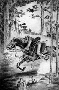 Original title:  Book Illustration: "Fanning Loses the Bay Doe” from the book, The Master of the Red Buck and the Bay Doe by William Laurie Hill, Charlotte, NC: Stone Publishing Co, 1913 - Wikipedia