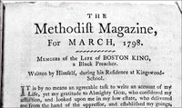 Titre original&nbsp;:  Title page of Boston King’s memoirs: "Memoirs of the Life of BOSTON KING, a Black Preacher. Written by Himself, during his Residence at Kingswood-School," as published in The Methodist Magazine, 1798.