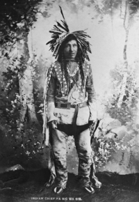 Original title:  Thunderchild, Cree chief, near Battleford, Saskatchewan. Date: [ca. 1895-1896]. Photographer/Illustrator: Geraldine Moodie. Image courtesy of Glenbow Museum, Calgary, Alberta.

