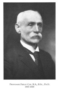 Original title:  Professor Philip Cox, B.A., B.Sc., PH.D. 1847-1939. Obituary. Journal of the Fisheries Research Board of Canada > List of Issues > Volume 5a, Number 1, January 1940.
From: https://www.nrcresearchpress.com/toc/jfrbc/5a/1 
