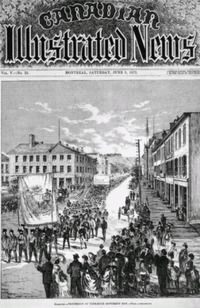 Original title:  Digitized page of Canadian Illustrated News. Title: Procession of Nine-Hour Movement Men [Hamilton]. Artist: Unknown. Date: 1872-06-08. Pagination: vol.V, no. 23. 353. 
http://www.bac-lac.gc.ca/eng/discover/canadian-illustrated-news-1869-1883/Pages/item.aspx?IdNumber=2625&