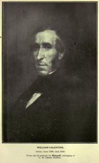 Titre original&nbsp;:  William Valentine. Artist; born 1798. died 1849. From the oil portrait by Himself, belonging to G. M. Smith, Halifax.

From: Collections of the Nova Scotia Historical Society
by Nova Scotia Historical Society, 1878.

Source: https://archive.org/details/collectionsofnov18novauoft/page/130/mode/2up 