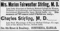 Original title:  Advertisement for Mrs. Marion Fairweather Stirling, M.D. 
From: The Concordia Daylight (Concordia, Kansas), Thursday, August 17, 1899, page 5.