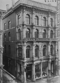 Original title:  Photograph Louis Perrault & Co Printers, St. James Street, Montreal, QC, 1869-70 William Notman (1826-1891) 1869-1870, 19th century Silver salts on paper mounted on paper - Albumen process 17.8 x 12.7 cm Purchase from Associated Screen News Ltd. I-42124.1 © McCord Museum Keywords:  Architecture (8646) , commercial (1771) , Photograph (77678)