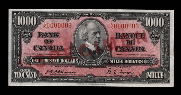Titre original&nbsp;:  Canada, Bank of Canada, 1,000 dollars : January 2, 1937