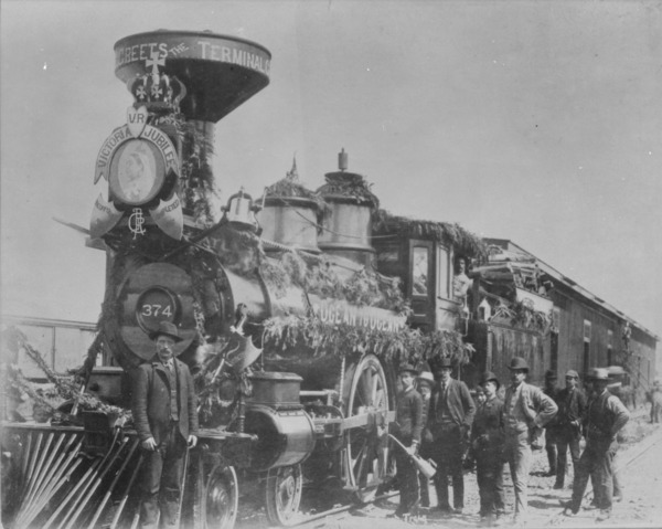Original title:  MIKAN 3402637 MIKAN 3402637: First C.P.R. (Canadian Pacific Railway) locomotive to reach Vancouver, B.C. [146 KB, 1000 X 799]