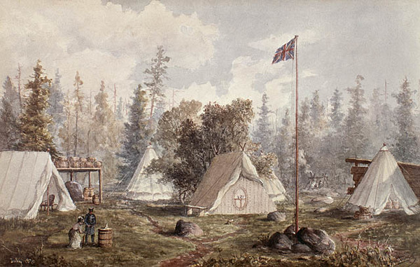 Titre original&nbsp;:  MIKAN 2833387 Red River Expedition, Colonel Wolseley&#39;s Camp, Prince Arthur Landing on Lake Superior,. July 1870 [68 KB, 640 X 406]