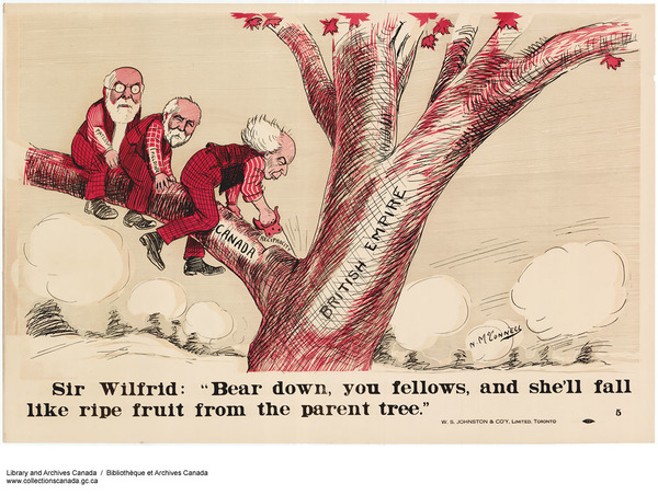 Original title:  MIKAN 2999867 Sir Wilfrid: Bear Down, You Fellows, and She&#39;ll Fall Like Ripe Fruit from the Parent Tree. ca. 1911. [287 KB, 1000 X 753]
