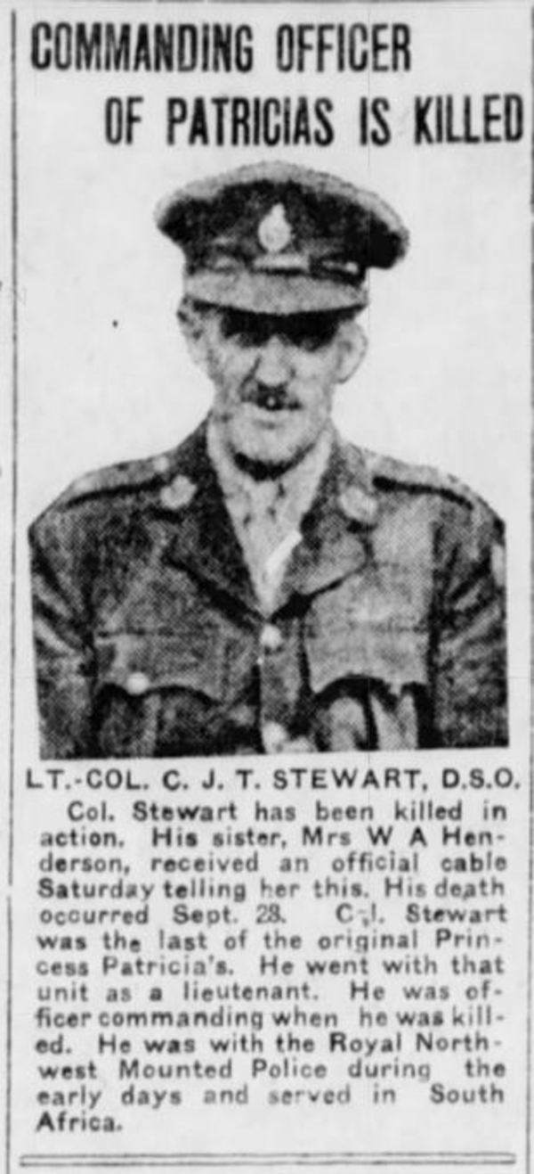 Titre original :  Photo of Charles James Townshend Stewart in the Winnipeg Tribune, 7 October 1918 – from the Digital Collection at the Canadian Virtual Memorial: http://www.veterans.gc.ca/eng/remembrance/memorials/canadian-virtual-war-memorial/. 