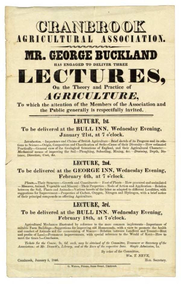 Titre original :  Announcement of lectures by George Buckland (1805-1885) to the Cranbrook Agricultural Association, 1846. U of T Archives Image Bank - 2002-85-3MS.
