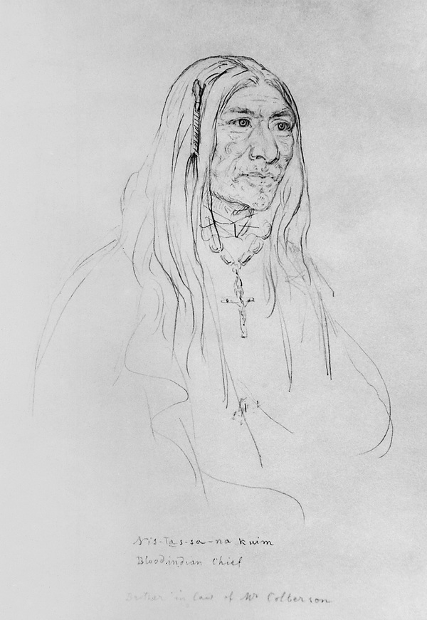 Titre original :  Seen From Afar, or Peenaquim, head chief of the Bloods. Date: 1855. Photographer/Illustrator: Sohon, Gustavus. Image courtesy of Glenbow Museum, Calgary, Alberta.
