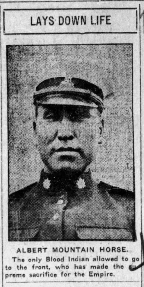 Titre original :  Albert Mountain Horse. From the Calgary Herald, Calgary, Alberta, Canada, 25 Nov 1915, p5.