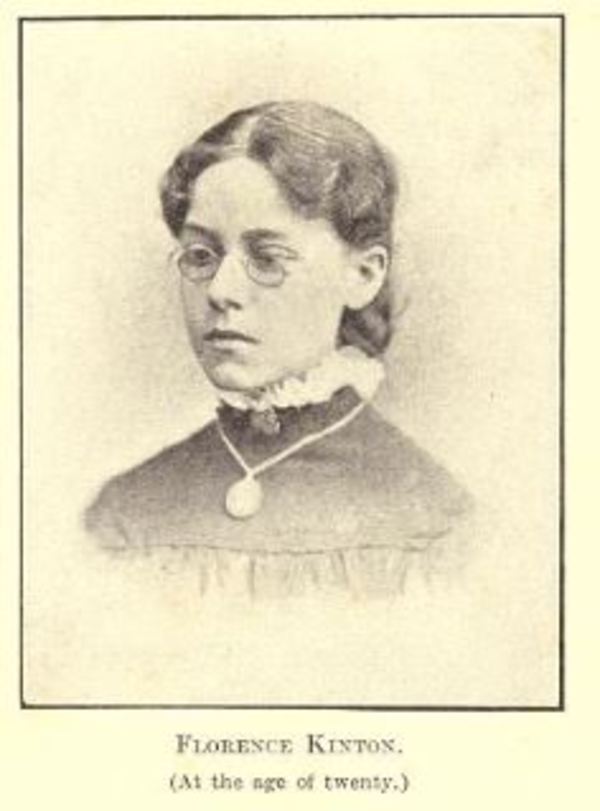 Titre original :  Florence Kinton (at the age of twenty). From: Just one blue bonnet; the life story of Ada Florence Kinton, artist and salvationist. Told mostly by herself with pen and pencil, by Ada Florence Kinton, edited by Sara A. Randleson.
W. Briggs, Toronto: 1907. 
Source: https://archive.org/details/justonebluebonne00kintuoft/page/n71/mode/2up. 