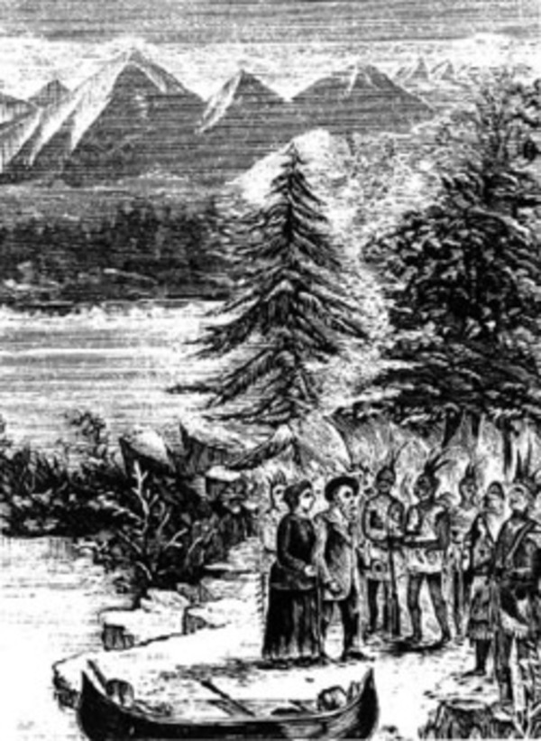 Titre original :  Meeting of Marie-Anne and Jean-Baptiste Lagimodière with First Nations people, c. 1807