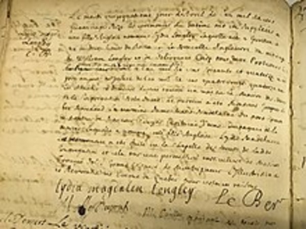 Titre original :  Lydia Longley baptism record kept in the archives of La Fabrique Notre-Dame de Montréal - uploaded to Wikipedia by user Senateurdupont.