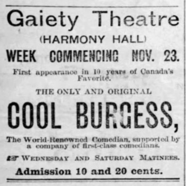 Titre original :  Advertisement for a Cool Burgess show. From: Ottawa Daily Citizen, 26 Nov 1891, Page 3. 
