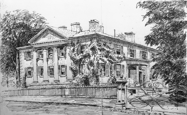 Titre original :  From Toronto Public Library. William Allan's home, 'Moss Park', Sherbourne St., west side, south of Shuter St., Toronto, Ont. By Owen Staples. 1889. Reproduced in 'Evening Telegram' series 