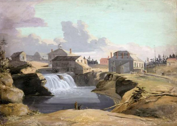 Titre original :  Henry DuVernet. A View of the Mill and Tavern of Philemon Wright at the Chaudière Falls, Hull, on the Ottawa River, Lower Canada, 1823. Library and Archives Canada. 