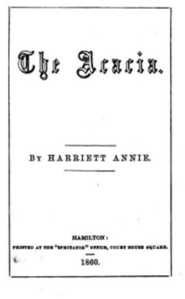 Titre original :  Title page of The acacia (1860) by Harriet Annie Wilkins. Source: https://archive.org/details/cihm_36139. 