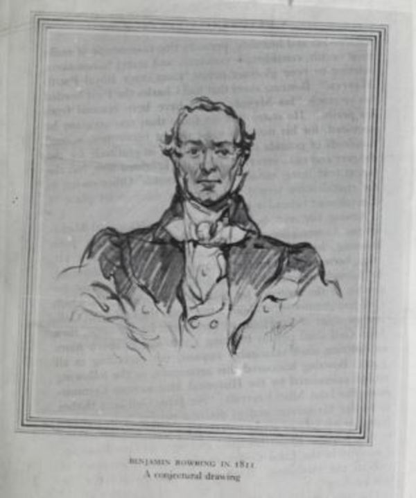 Titre original :  Benjamin Bowring in 1811: a conjectural drawing. From: Benjamin Bowring and his descendants, a record of mercantile achievement, with a foreword by the Hon. Sir Edgar R. Bowring ... by Arthur C. Wardle. London, Hodder and Stoughton, 1938.
Source: https://archive.org/details/benjaminbowringh00ward/page/18/mode/2up 
