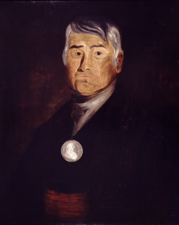 Original title:  Chief Sawyer of the Credit by James Spencer (1812-1863).
Date: 1846.
Nawahjegezhegwabe (1786-1863), baptised Joseph Sawyer, was head chief of the Credit band (Mississauga tribe) from 1829 until his death. In 1847 the band left the Credit River.; The JRR Catalogue mistakenly identifies the sitter as 