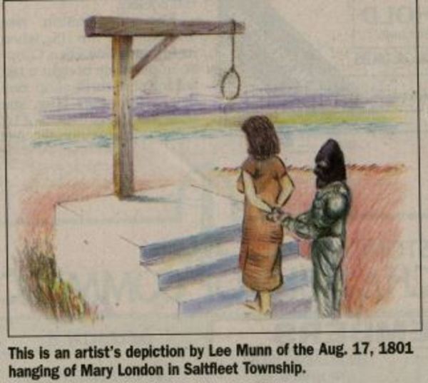 Titre original :  This is an artist's depiction by Lee Munn of the Aug. 17, 1801 hanging of Mary London in Saltfleet Township. 

Source: Our Ontario: http://images.ourontario.ca/Partners/FWIO/FWIO003218106_0072p.pdf 