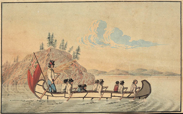 Titre original :  Hudson's Bay Company express canoe - Wikimedia Commons

Description English: Hudson's Bay Company officials in an express canoe crossing a lake.
Date: 1825
Author:	Rindisbacher, Peter, 1806-1834.
Credit: Library and Archives Canada, Acc. No. R9266-346 Peter Winkworth Collection of Canadiana Copyright: expired