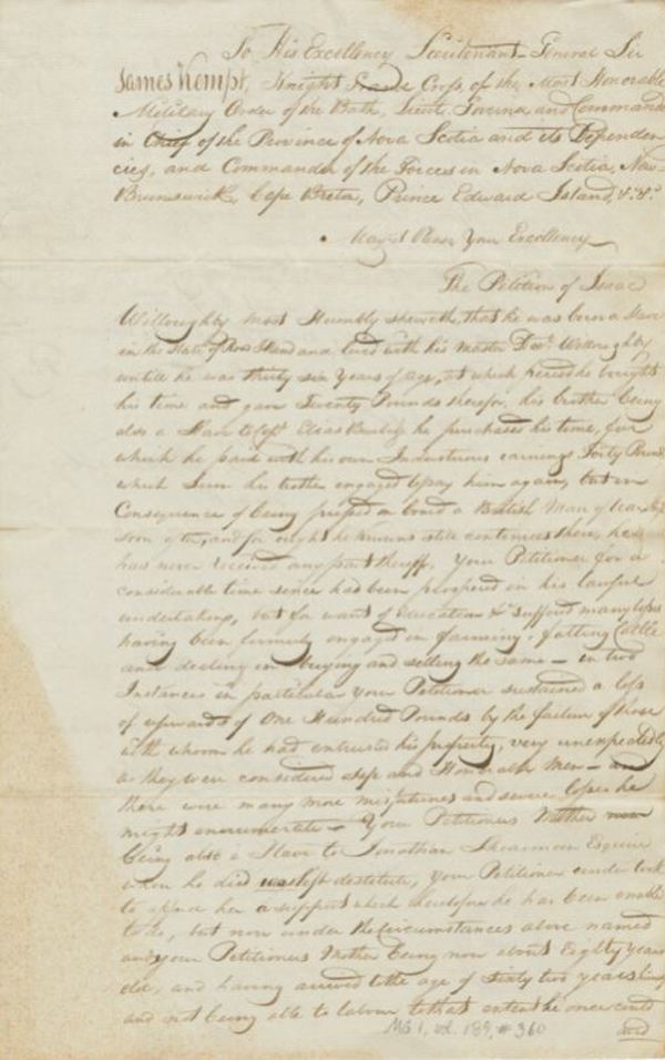 Titre original :  Petition of Isaac Willoughby - 26 Mar 1822 – Chipman Family Nova Scotia Archives MG 1 volume 189 number 360. 

