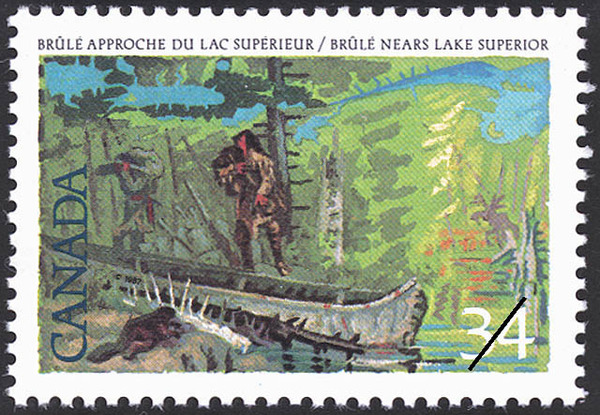 Titre original :  Brûlé approche du lac Supérieur = Brûlé nears Lake Superior [philatelic record].  Philatelic issue data Canada : 34 cents