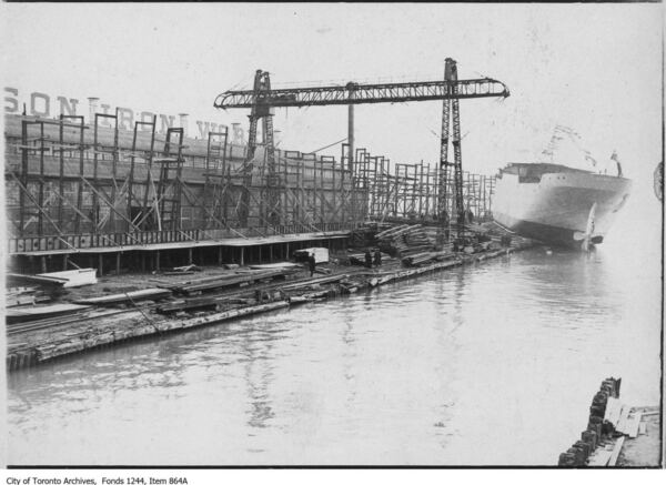 Original title:  Launching the ship, Aquila. City of Toronto Archives - Fonds 1244 - Item 864A. 