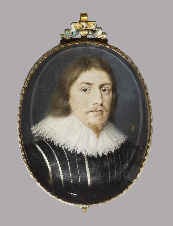 Original title:    Artist Creator:Peter Oliver Title George Calvert, First Lord Baltimore Date circa between 1615(1615) and 1620(1620) (17th century) Medium opaque watercolor and gilding on vellum Dimensions Height: 6.8 cm (2.7 in). Width: 4.9 cm (1.9 in). Current location Walters Art Museum Native name Walters Art Museum Location Baltimore Coordinates 39° 17' 45.88