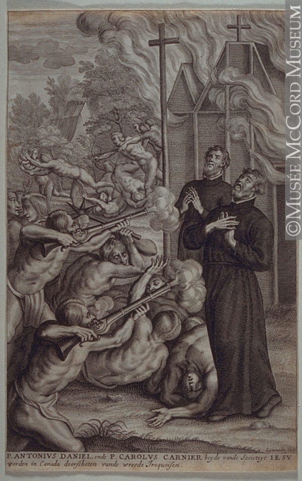 Titre original :  Print Jesuit Martyrs. Death of Father Antoine Daniel and Father Charles Garnier Lommelin About 1680, 17th century 29 x 18.6 cm Gift of Mr. David Ross McCord M2210 © McCord Museum Keywords:  event (534) , History (944) , Print (10661)