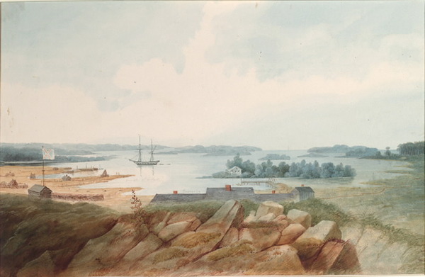Titre original :  Fort (or Port?) Collier, from the North North West, and Drummond Island, Lake Huron.; Author: WOOLFORD, JOHN ELLIOTT (1778-1866); Author: Year/Format: 1821, Picture