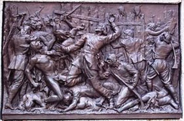 Titre original :  Mort héroïque de Dollard au Long Sault. TAONDECHOREN est au nombre de ses compagnons. Bas-relief de Louis-Philippe Hébert, 1895, Monument à Maisonneuve, Place d'Armes, Montréal.
