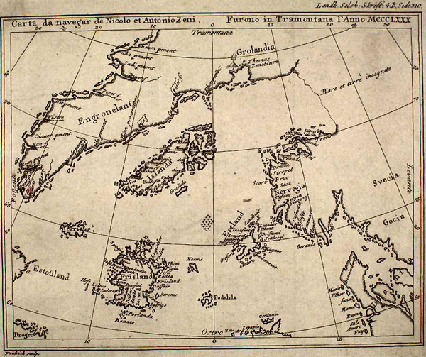 Titre original :    The Zeno Map. A reproduction of the Zeno map (original by Nicolo Zeno 1558) published by Henrich Peter von Eggers in the 1793 book Priisskrift om Grønlands Østerbygds sande Beliggenhed

