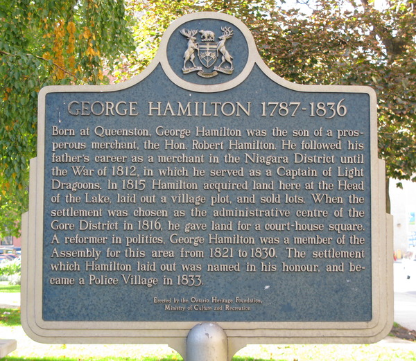 Titre original :    Description Plaque about the life of George Hamilton (eponymous founder of Hamilton, Ontario) in Hamilton, Ontario Date 24 October 2007 Source Own work Author User:Saforrest Permission (Reusing this file) GFDL/CC-by-SA 3.0

Camera location 43° 15′ 17.18″ N, 79° 52′ 3.96″ W This and other images at their locations on: Google Maps - Google Earth - OpenStreetMap (Info)43.254771668317986;-79.86776769161224

