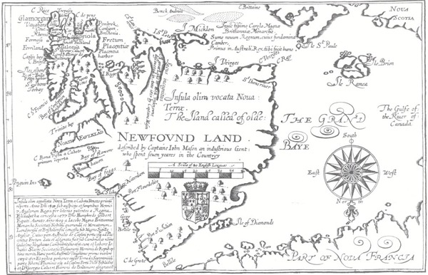 Titre original :  Newfovnd Land [cartographic material] / described by Captaine John Mason. -- Mason, John, 1586-1635