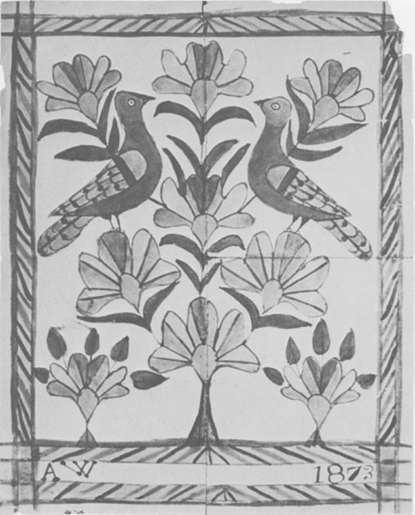 Titre original :  Two Birds in Flowered Tree, by Anna Weber
Source: Anna's art : the fraktur art of Anna Weber, a Waterloo County Mennonite artist, 1814-1888
E. Reginald Good. -- Kitchener : Pochauna Publications, [1976]. -- 48 p. : ill. (some col.) ; 26 cm. -- ISBN 0969063008. -- P. 26
© Public Domain nlc-4385
