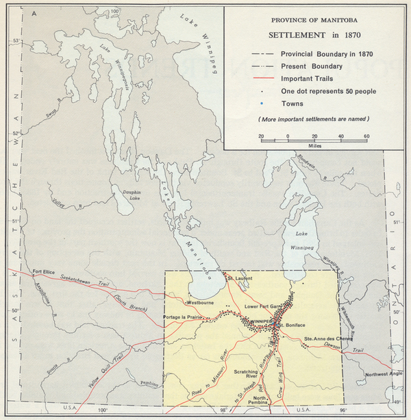 Province du Manitoba, Le peuplement en 1870. Échelle : 1 pouce = 48 milles. Compilée 